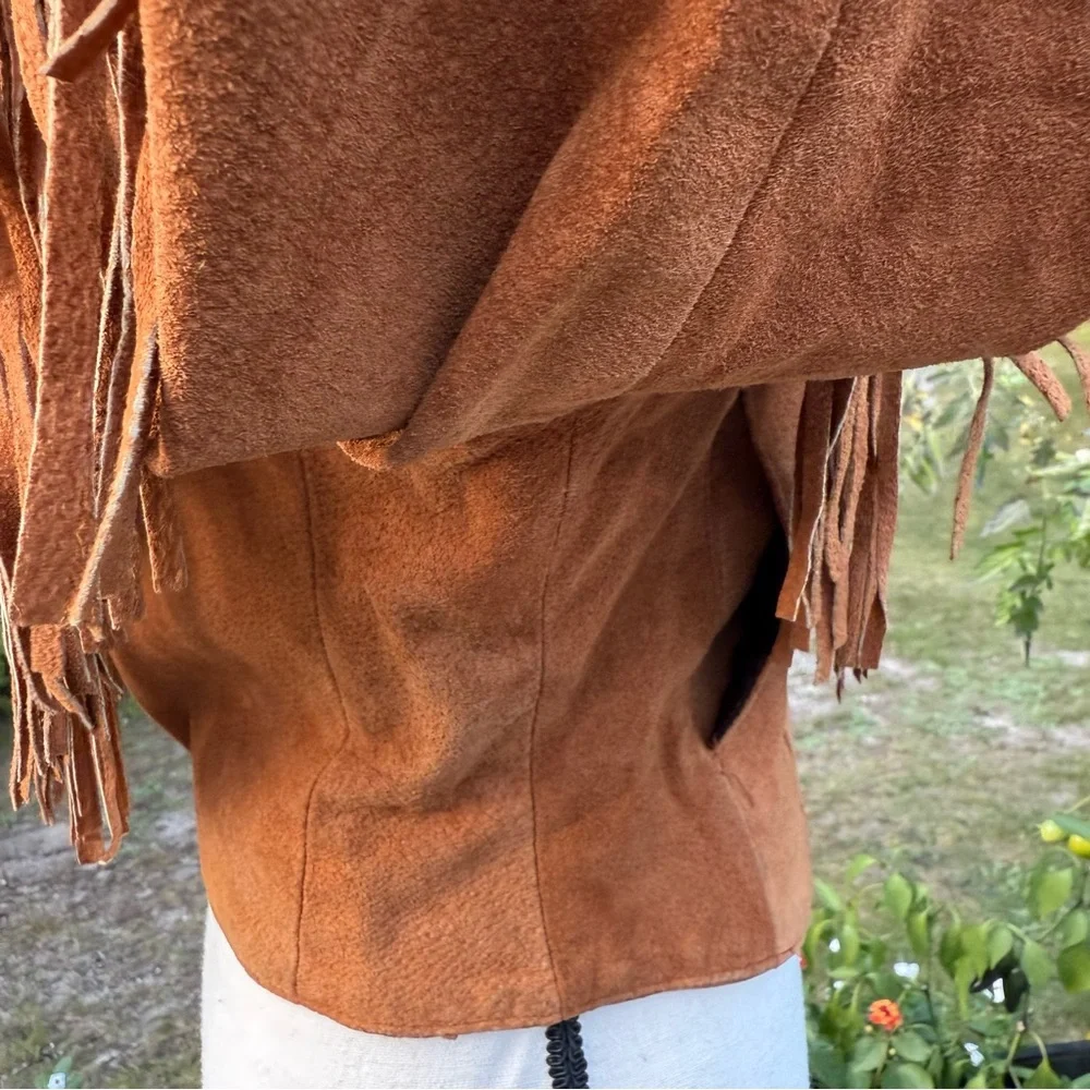 Vintage Phoenix USA Tan Fringed Women's Genuine Pig Split Jacket Blazer Medium - Picture 8 of 16